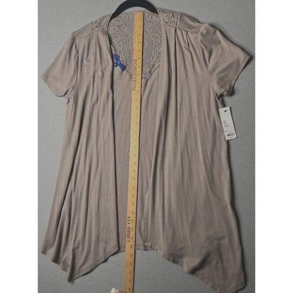 Apt. 9 Short Sleeve Open Front Cardigan Top XL Rayon Blend Taupe Crochet Back - Picture 8 of 9